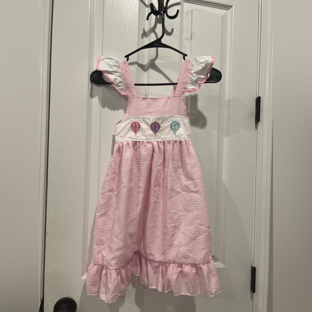 Girls Ruffle Pink Gingham Dress with Balloon Embroidery